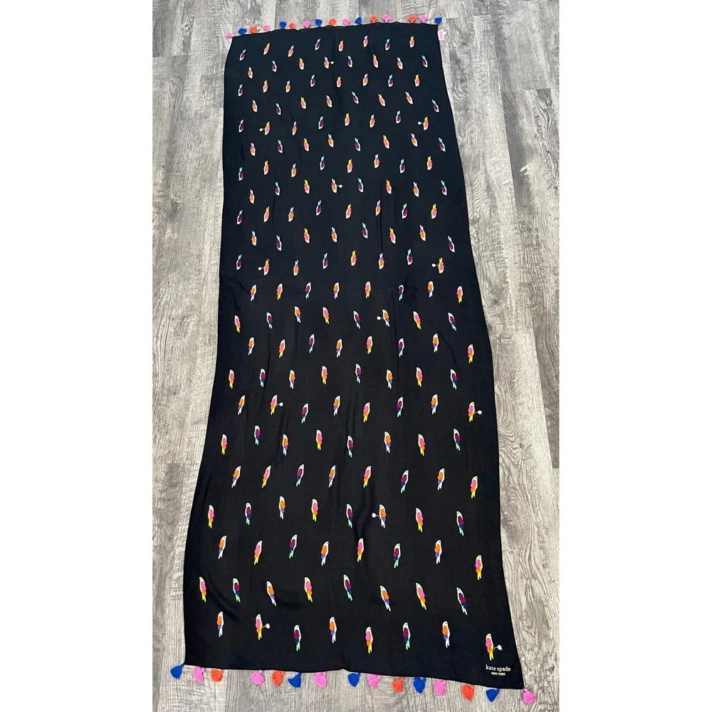 Kate Spade New York Parrot Print Scarf Shawl Black Multicolor Tassel Trim Wrap